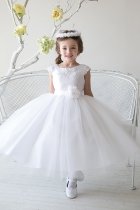 White Satin Embroidered Lace and Tulle Skirt Flower Girl Dress